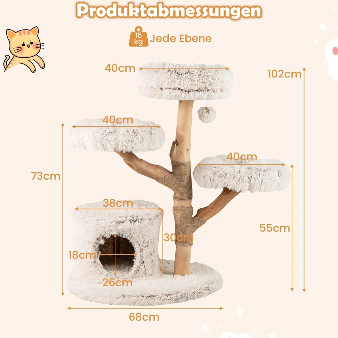 102 cm Hoher Moderner Kratzbaum mit Echtholzstamm & Hängender Ball Kletterturm für Katzen