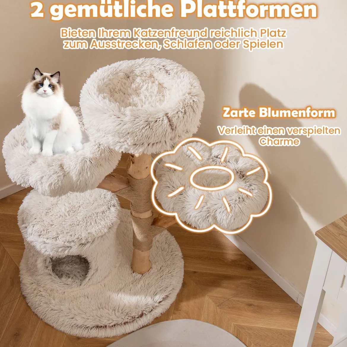 102 cm Hoher Moderner Kratzbaum mit Echtholzstamm & Hängender Ball Kletterturm für Katzen