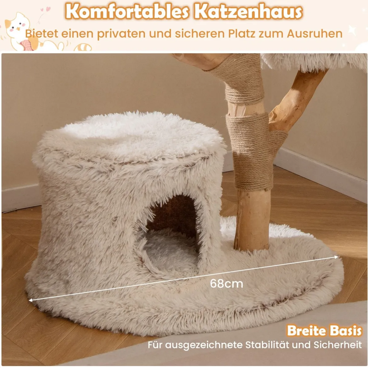 102 cm Hoher Moderner Kratzbaum mit Echtholzstamm & Hängender Ball Kletterturm für Katzen
