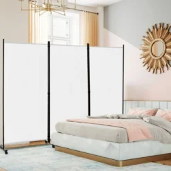 180 cm Hoher Raumteiler auf Rädern Klappbarer Paravent mit 3 frei Kombinierbaren Paneelen Weiß