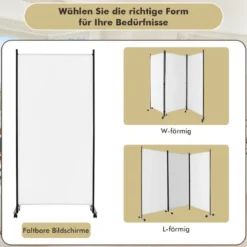 180 cm Hoher Raumteiler auf Rädern Klappbarer Paravent mit 3 frei Kombinierbaren Paneelen Weiß