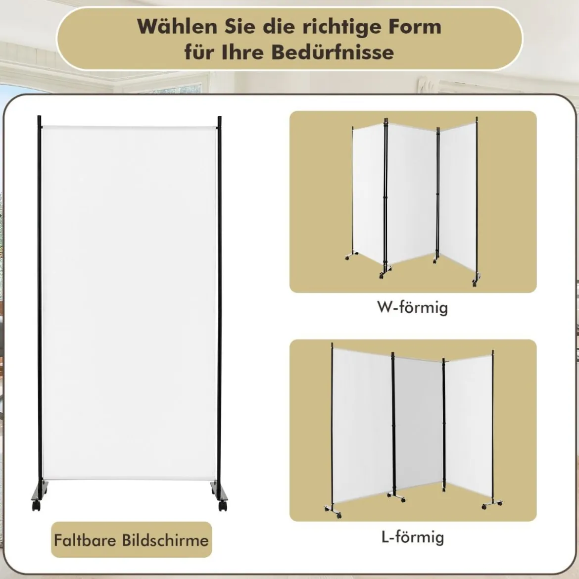 180 cm Hoher Raumteiler auf Rädern Klappbarer Paravent mit 3 frei Kombinierbaren Paneelen Weiß