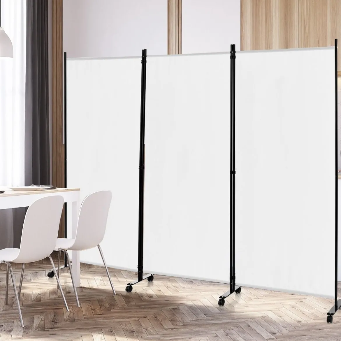 180 cm Hoher Raumteiler auf Rädern Klappbarer Paravent mit 3 frei Kombinierbaren Paneelen Weiß