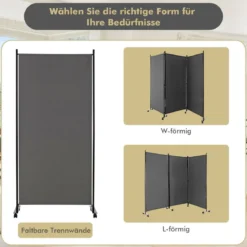 180 cm Hoher Raumteiler auf Rädern Klappbarer Paravent mit 3 frei Kombinierbaren Paneelen Grau