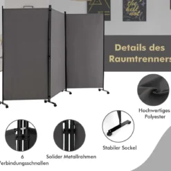 180 cm Hoher Raumteiler auf Rädern Klappbarer Paravent mit 3 frei Kombinierbaren Paneelen Grau