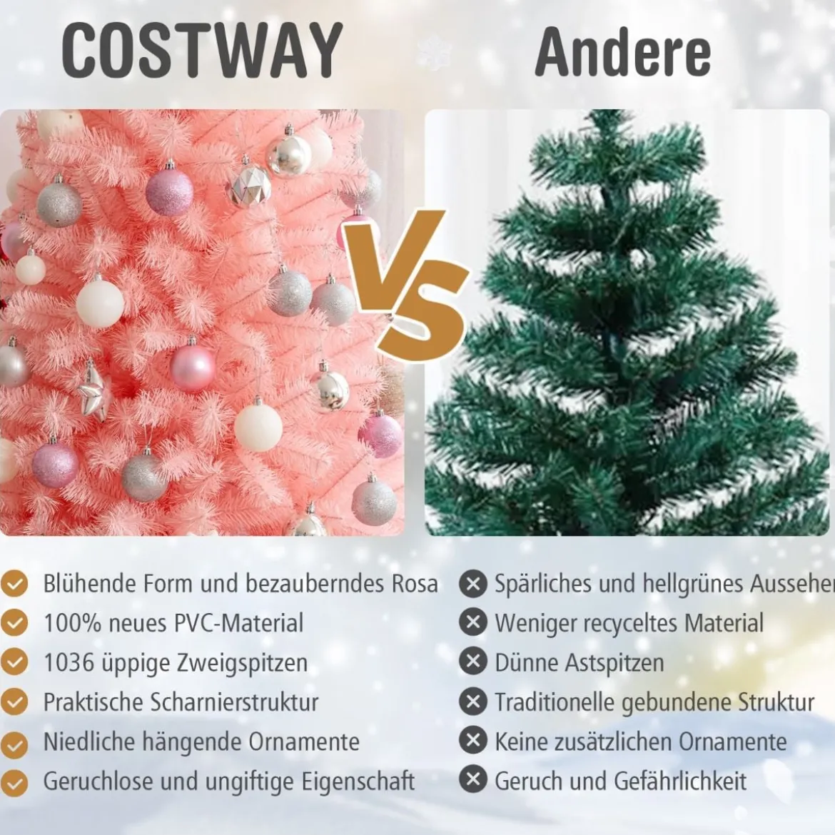 180 cm hoher rosa künstlicher Weihnachtsbaum mit rosa Ornamenten Tannenbaum Festtagsdekoration