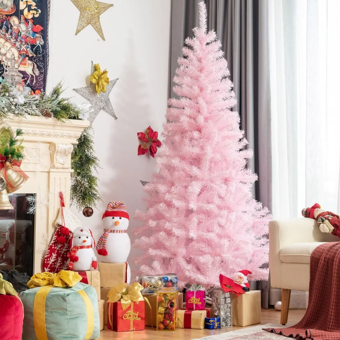 180 cm hoher schillernder künstlicher Weihnachtsbaum farbiges Pulver Christbaum Rosa