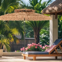 247 cm hoher Sonnenschirm im hawaiianischen Stil strohbedeckter Tiki-Terrassenschirm mit 8 Streben