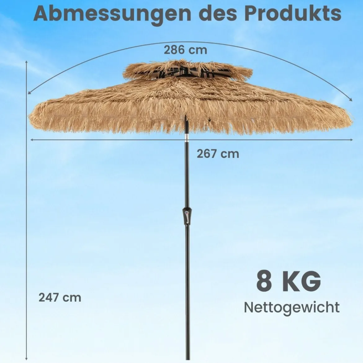 247 cm hoher Sonnenschirm im hawaiianischen Stil strohbedeckter Tiki-Terrassenschirm mit 8 Streben