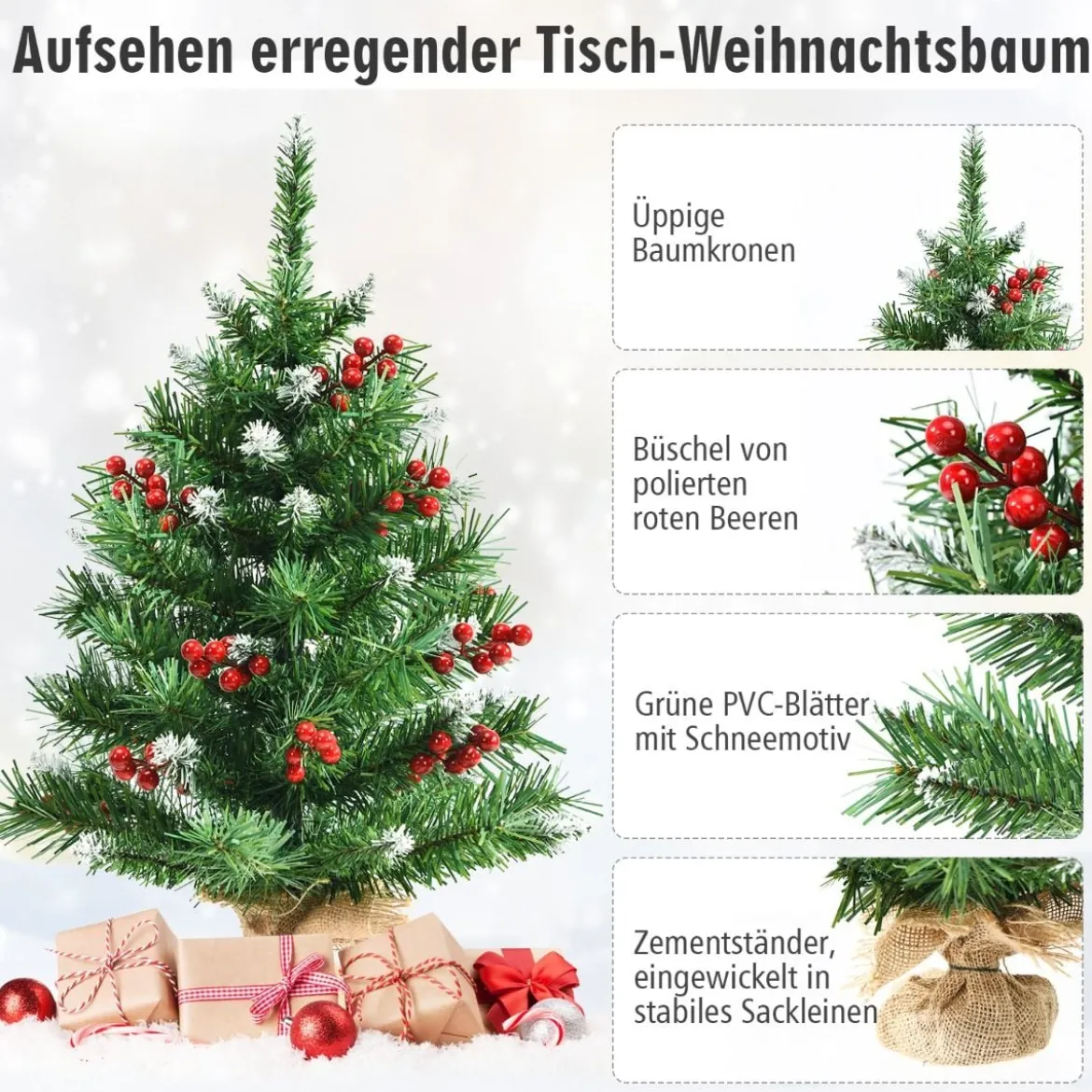 60 cm hoher Tisch-Weihnachtsbaum Realistischer Christbaum mit PVC-Zweigen und Beeren Grün