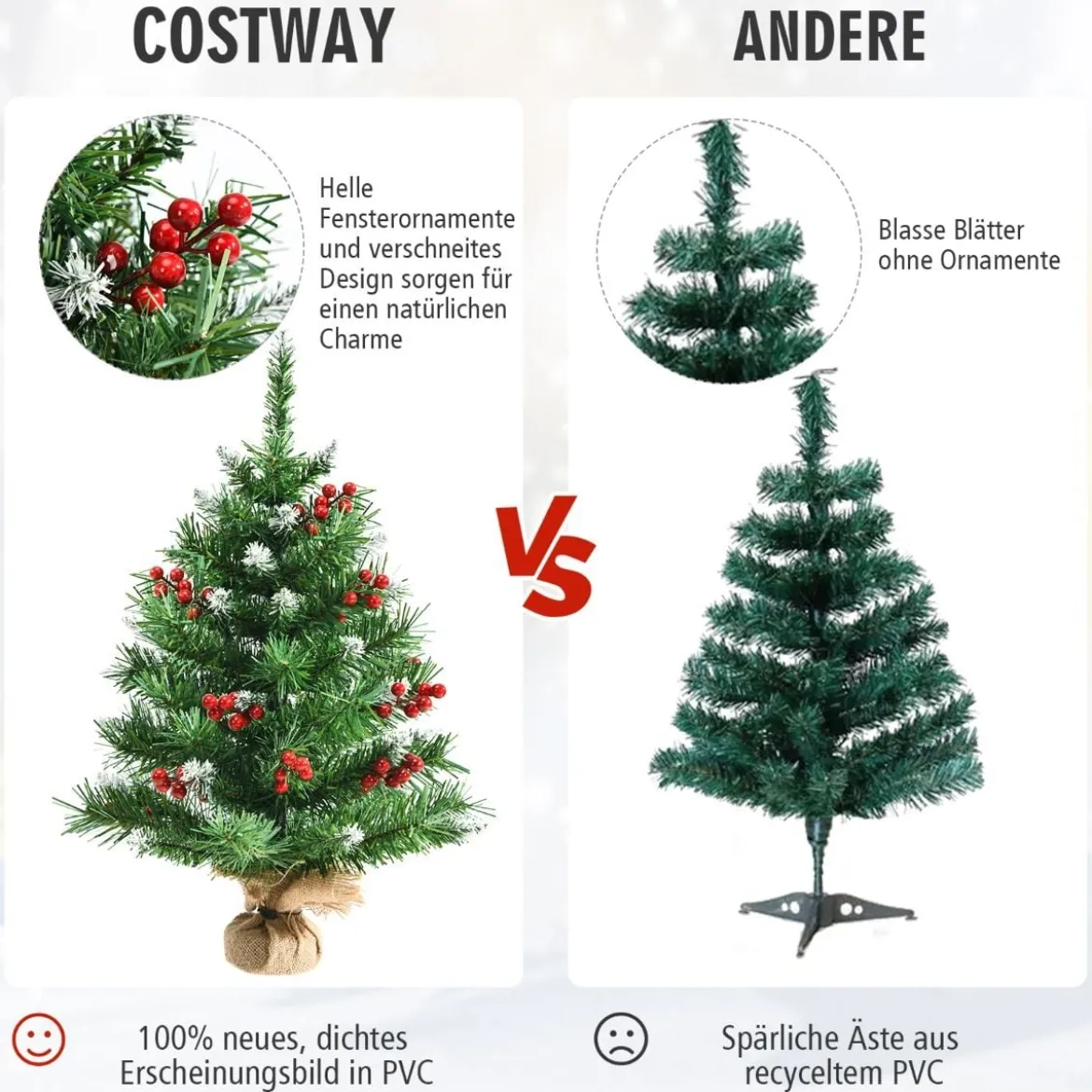 60 cm hoher Tisch-Weihnachtsbaum Realistischer Christbaum mit PVC-Zweigen und Beeren Grün