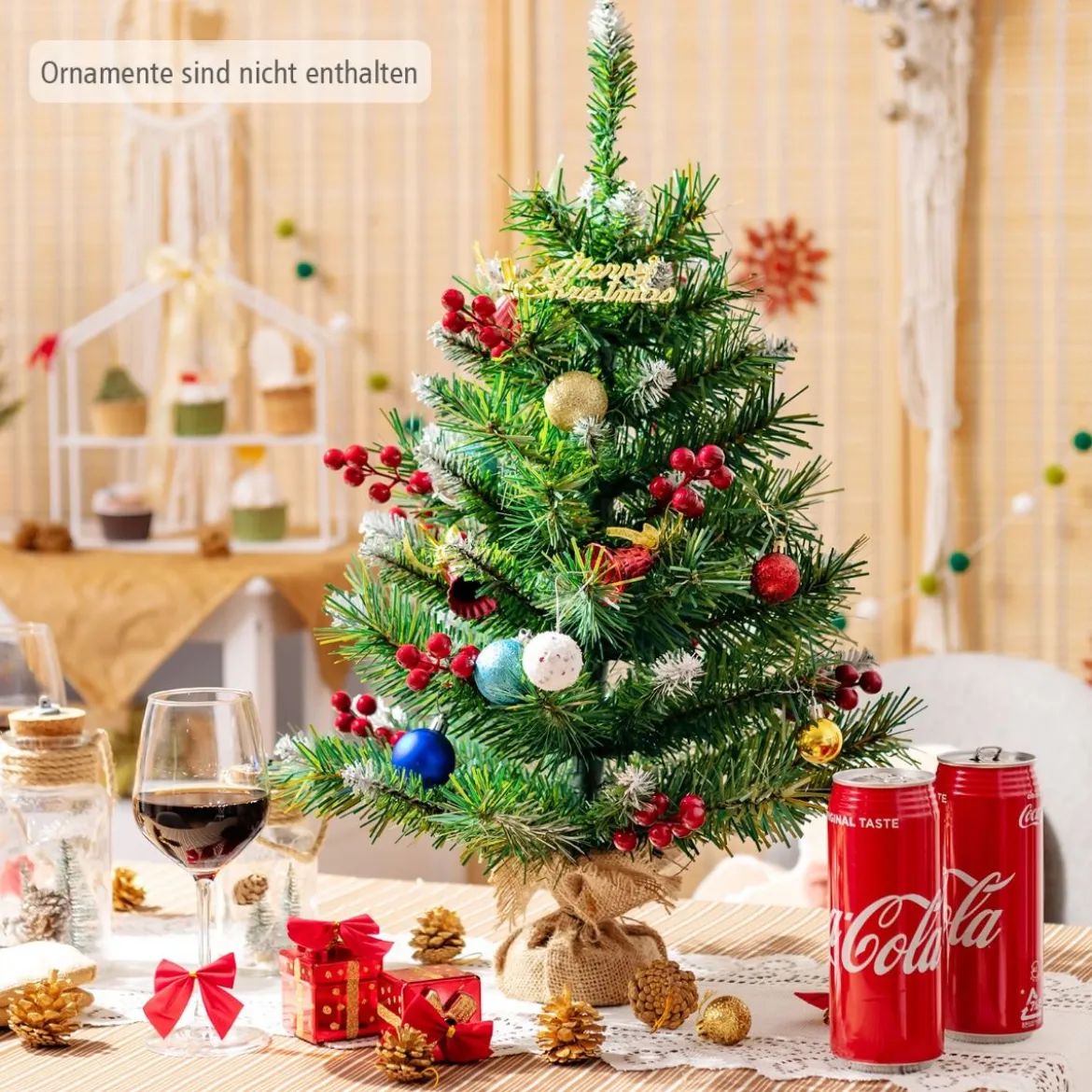 60 cm hoher Tisch-Weihnachtsbaum Realistischer Christbaum mit PVC-Zweigen und Beeren Grün