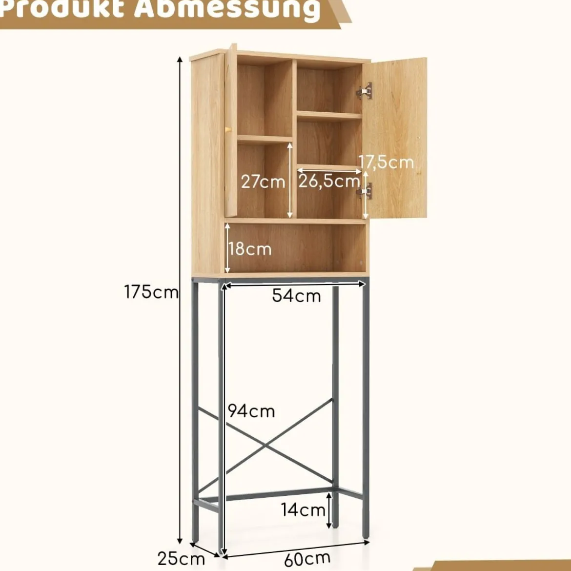 175 cm Hoher Toilettenschrank mit Rattantüren & Staufächern Freistehendes Badezimmerregal