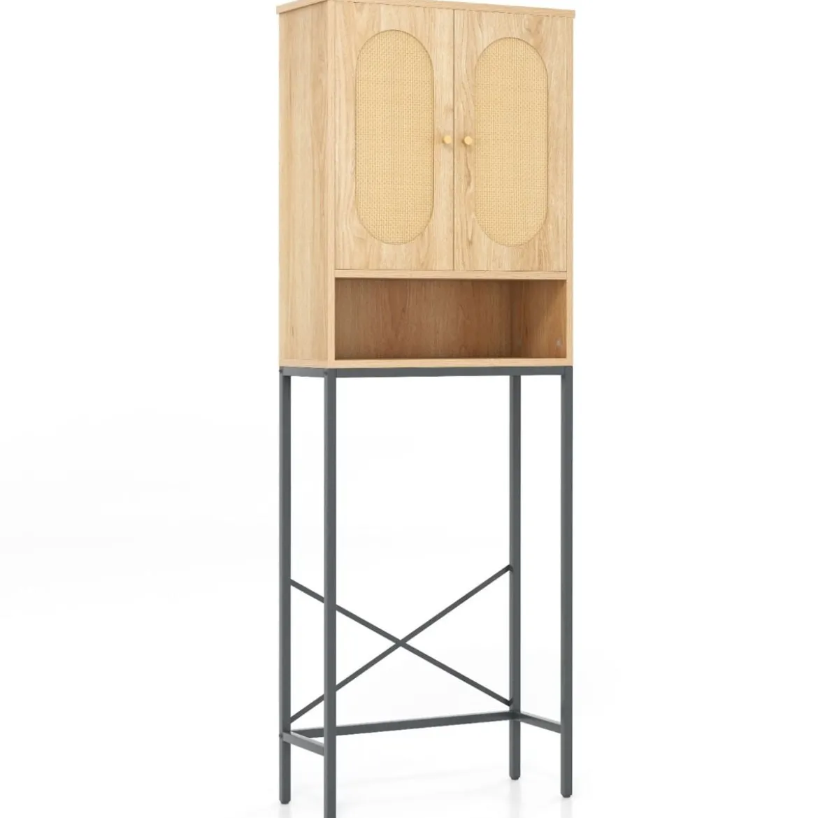 175 cm Hoher Toilettenschrank mit Rattantüren & Staufächern Freistehendes Badezimmerregal