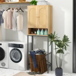 175 cm Hoher Toilettenschrank mit Rattantüren & Staufächern Freistehendes Badezimmerregal