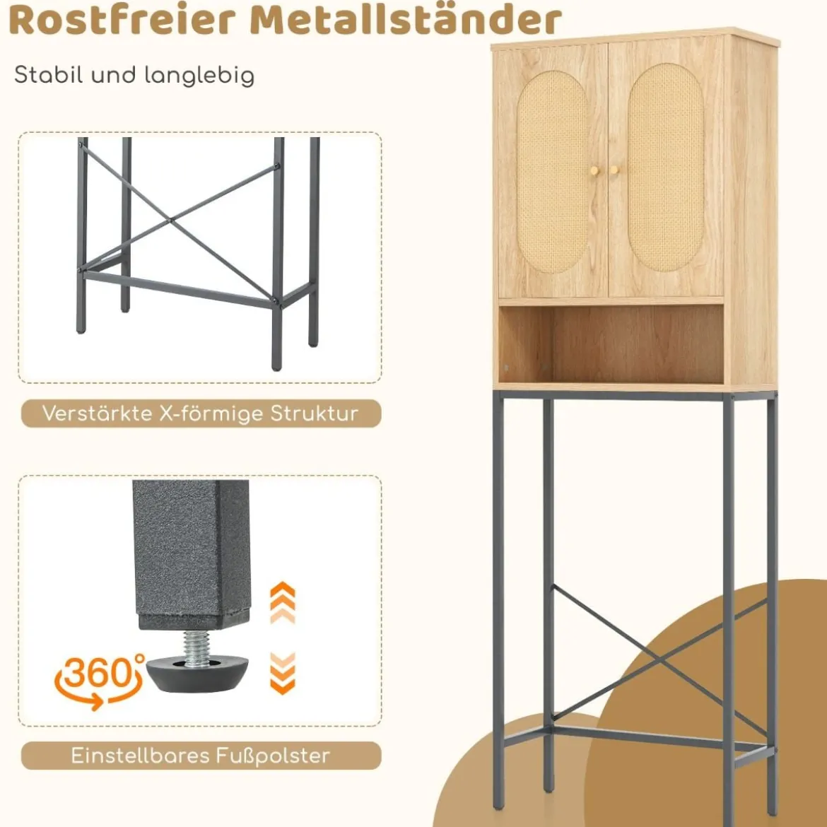 175 cm Hoher Toilettenschrank mit Rattantüren & Staufächern Freistehendes Badezimmerregal