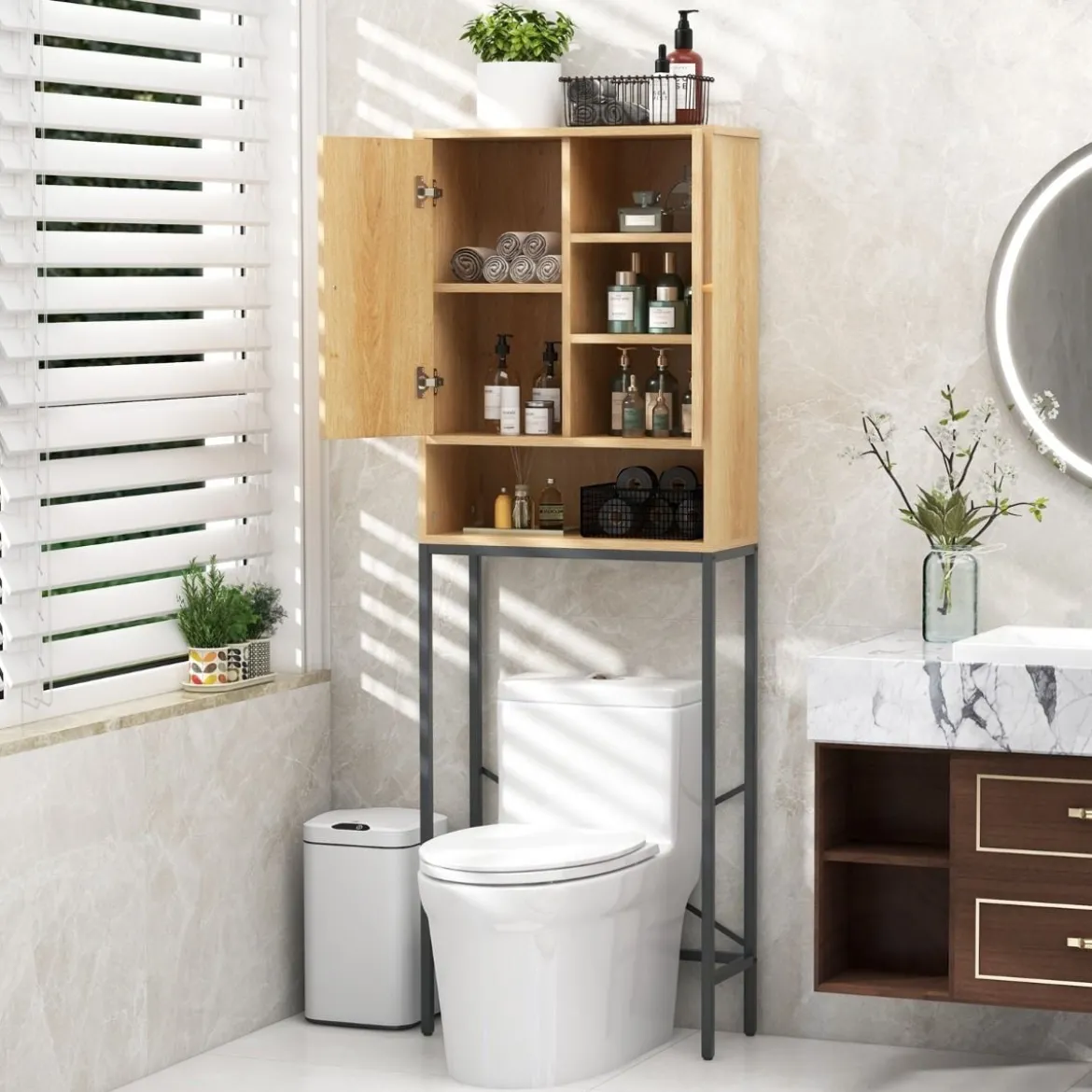 175 cm Hoher Toilettenschrank mit Rattantüren & Staufächern Freistehendes Badezimmerregal