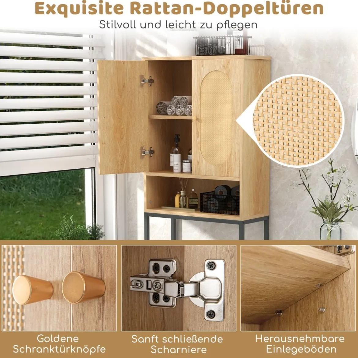 175 cm Hoher Toilettenschrank mit Rattantüren & Staufächern Freistehendes Badezimmerregal
