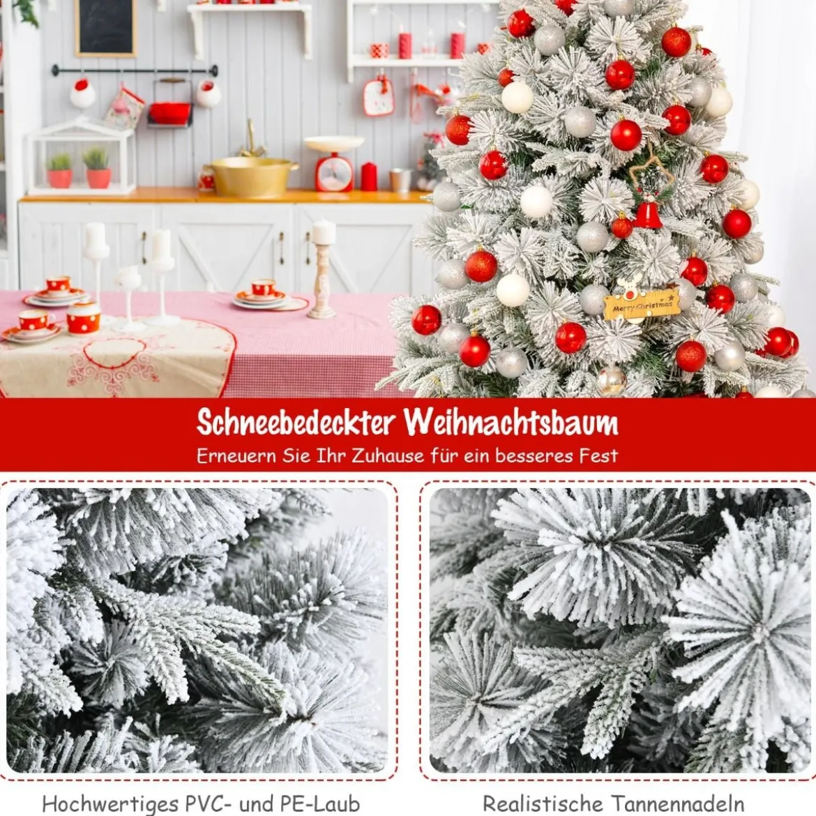 180 cm Hoher Verschneiter Künstlicher Weihnachtsbaum mit 610 PVC- und PE-Zweigen