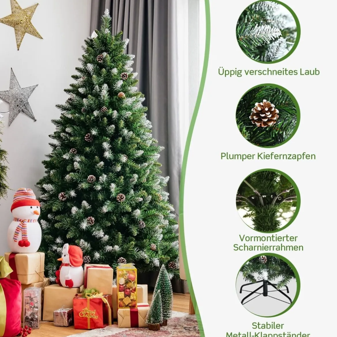 180 cm hoher verschneiter künstlicher Weihnachtsbaum mit Tannenzapfen und Schnee Grün + Weiß
