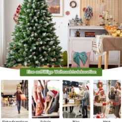 180 cm hoher verschneiter künstlicher Weihnachtsbaum mit Tannenzapfen und Schnee Grün + Weiß