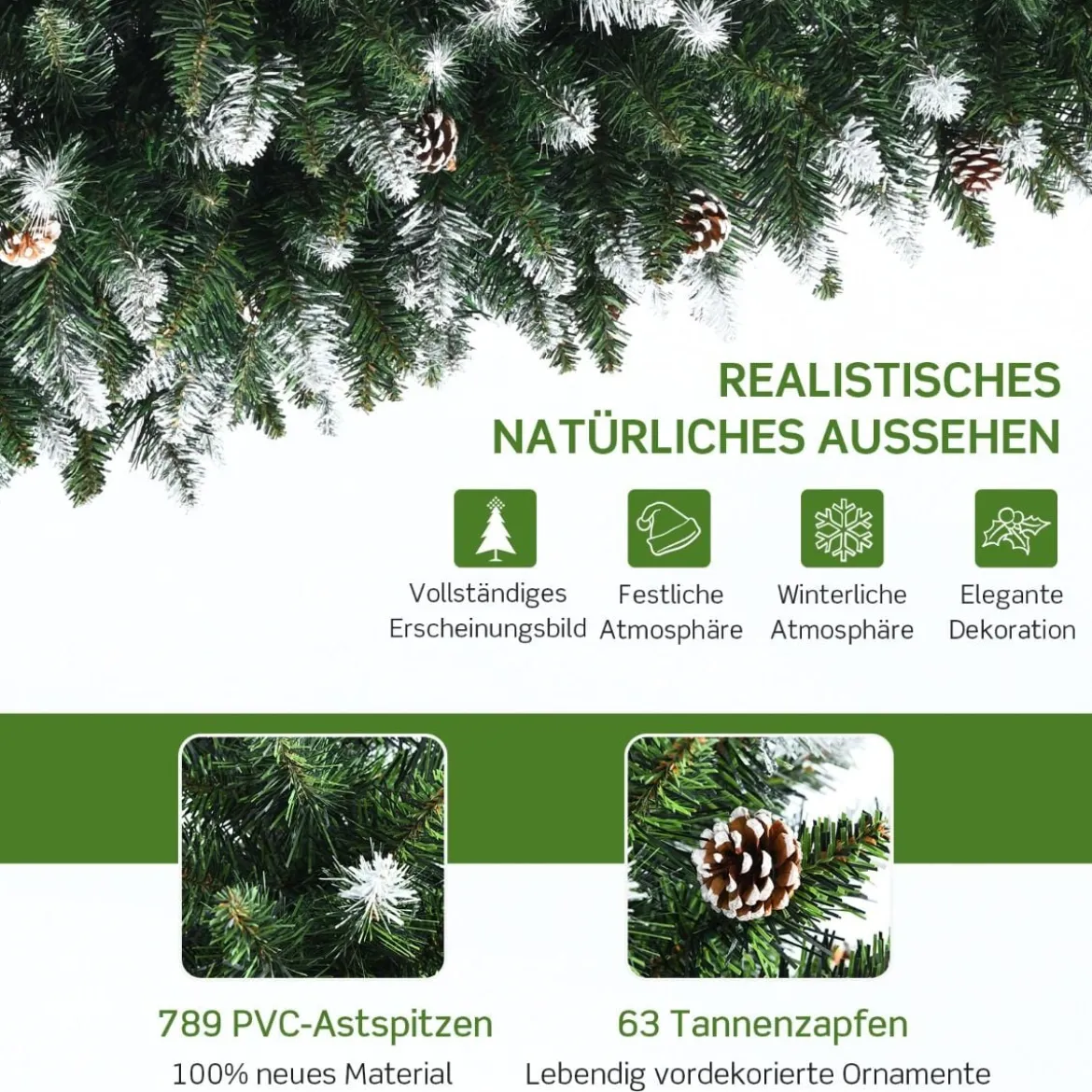 180 cm hoher verschneiter künstlicher Weihnachtsbaum mit Tannenzapfen und Schnee Grün + Weiß