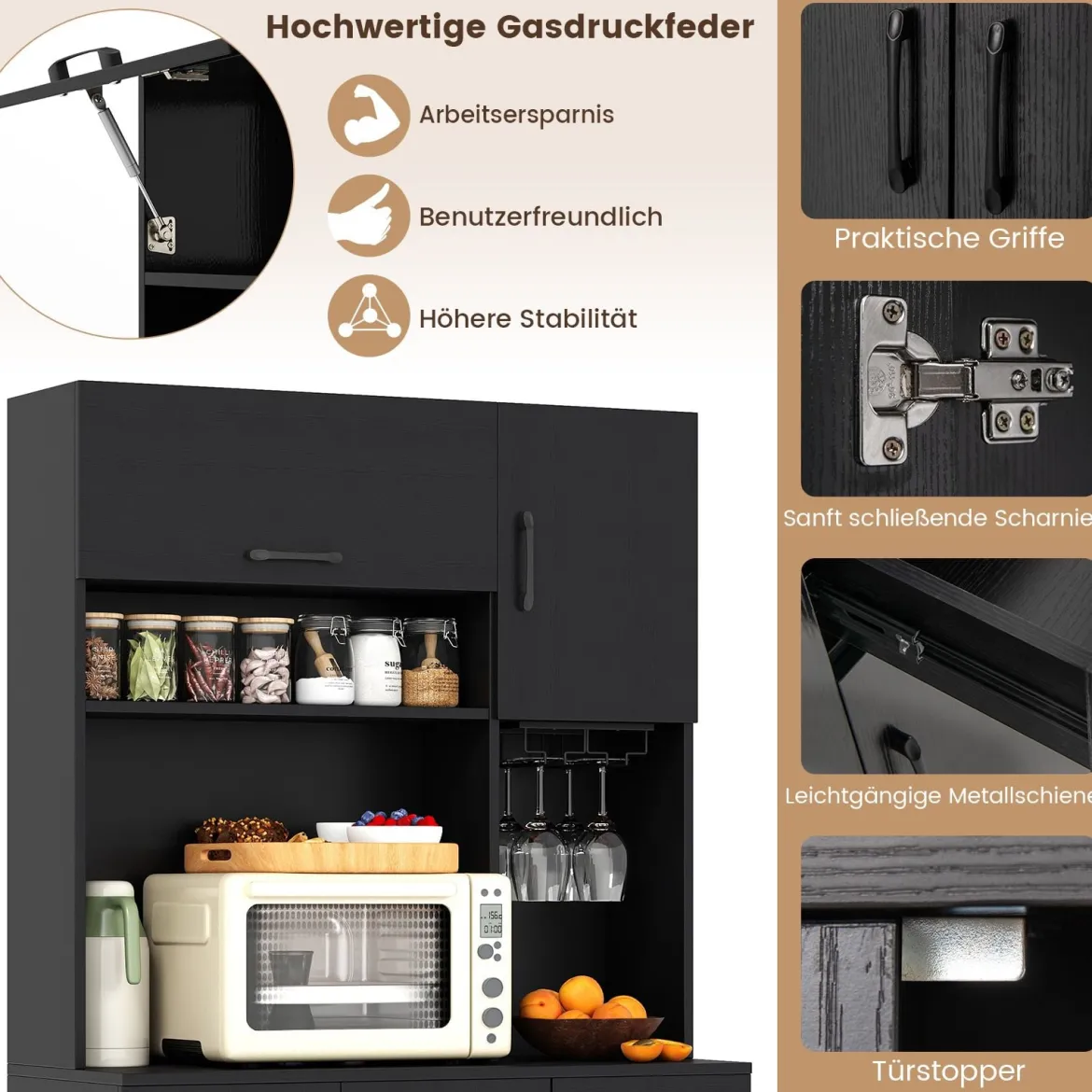 167 cm hoher Vorratsschrank mit Aufsatz und Steckdosen Küchenschrank mit Stielglashalter Schwarz