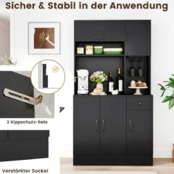 167 cm hoher Vorratsschrank mit Aufsatz und Steckdosen Küchenschrank mit Stielglashalter Schwarz