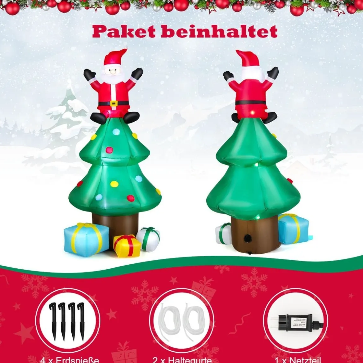 210 cm hoher Weihnachtsbaum mit Weihnachtsmann Aufblasbarer X-mas-Baum mitLED-Lichtern