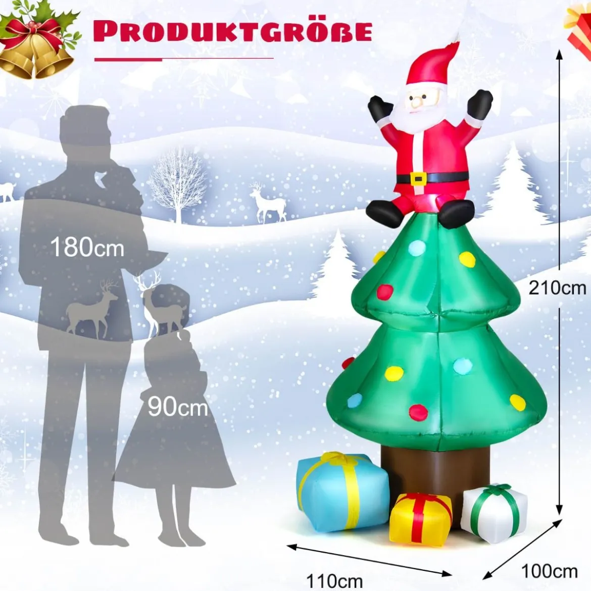 210 cm hoher Weihnachtsbaum mit Weihnachtsmann Aufblasbarer X-mas-Baum mitLED-Lichtern