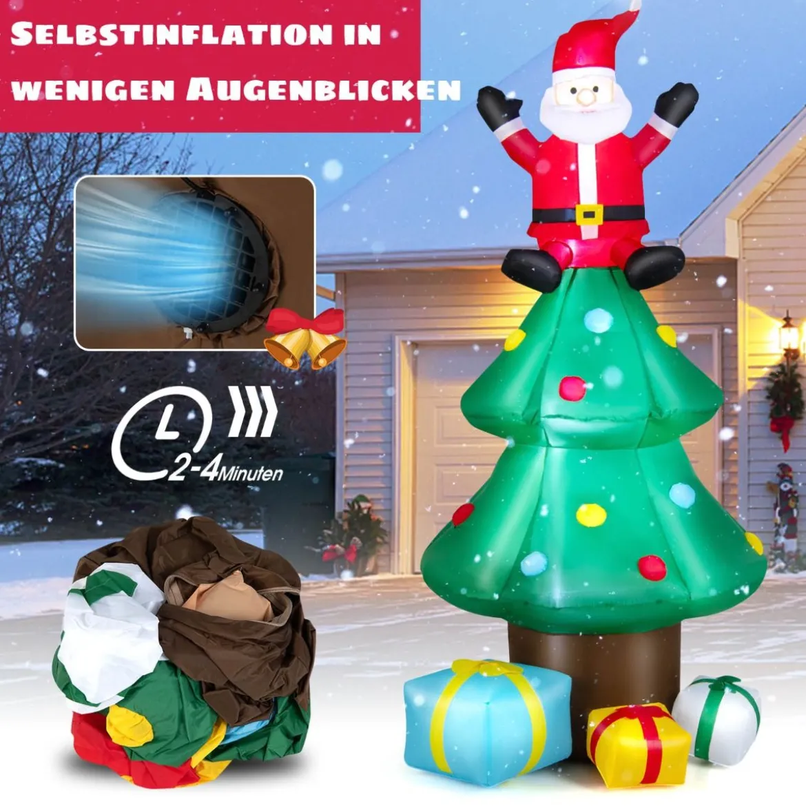 210 cm hoher Weihnachtsbaum mit Weihnachtsmann Aufblasbarer X-mas-Baum mitLED-Lichtern