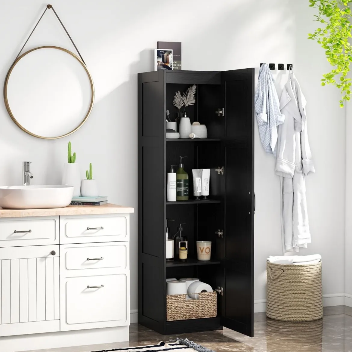 150 cm hohes Aufbewahrungsschrank freistehendes 4-stufiges Bodenschrank mit Tür Schwarz/Natur/Weiß