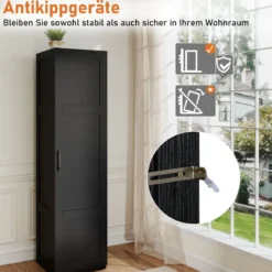 150 cm hohes Aufbewahrungsschrank freistehendes 4-stufiges Bodenschrank mit Tür Schwarz/Natur/Weiß