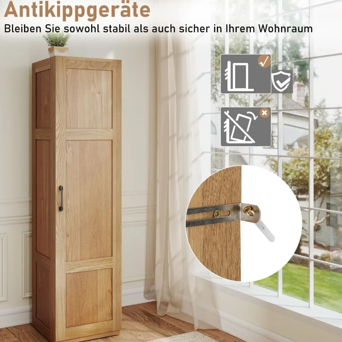 150 cm hohes Aufbewahrungsschrank freistehendes 4-stufiges Bodenschrank mit Tür Schwarz/Natur/Weiß