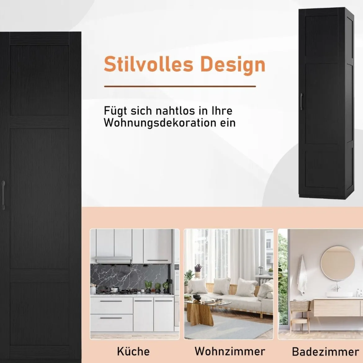 150 cm hohes Aufbewahrungsschrank freistehendes 4-stufiges Bodenschrank mit Tür Schwarz/Natur/Weiß