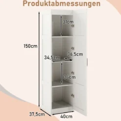 150 cm hohes Aufbewahrungsschrank freistehendes 4-stufiges Bodenschrank mit Tür Schwarz/Natur/Weiß