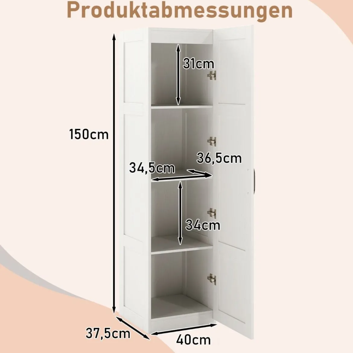 150 cm hohes Aufbewahrungsschrank freistehendes 4-stufiges Bodenschrank mit Tür Schwarz/Natur/Weiß