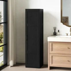 150 cm hohes Aufbewahrungsschrank freistehendes 4-stufiges Bodenschrank mit Tür Schwarz/Natur/Weiß