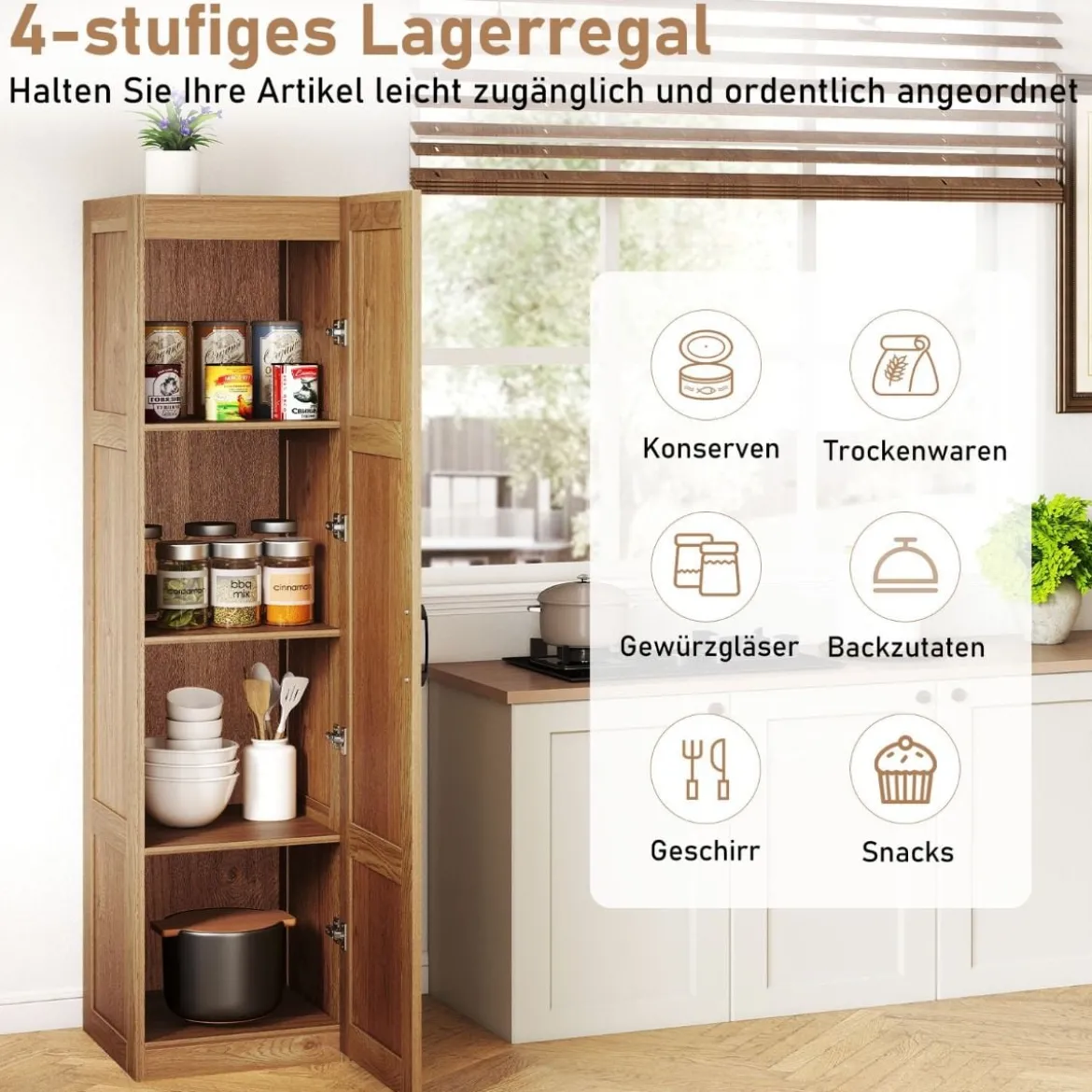 150 cm hohes Aufbewahrungsschrank freistehendes 4-stufiges Bodenschrank mit Tür Schwarz/Natur/Weiß