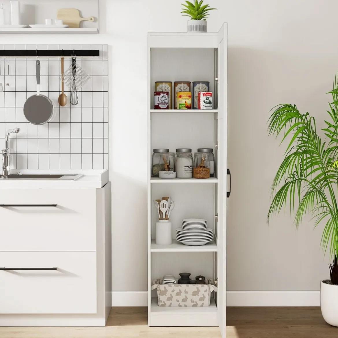 150 cm hohes Aufbewahrungsschrank freistehendes 4-stufiges Bodenschrank mit Tür Schwarz/Natur/Weiß