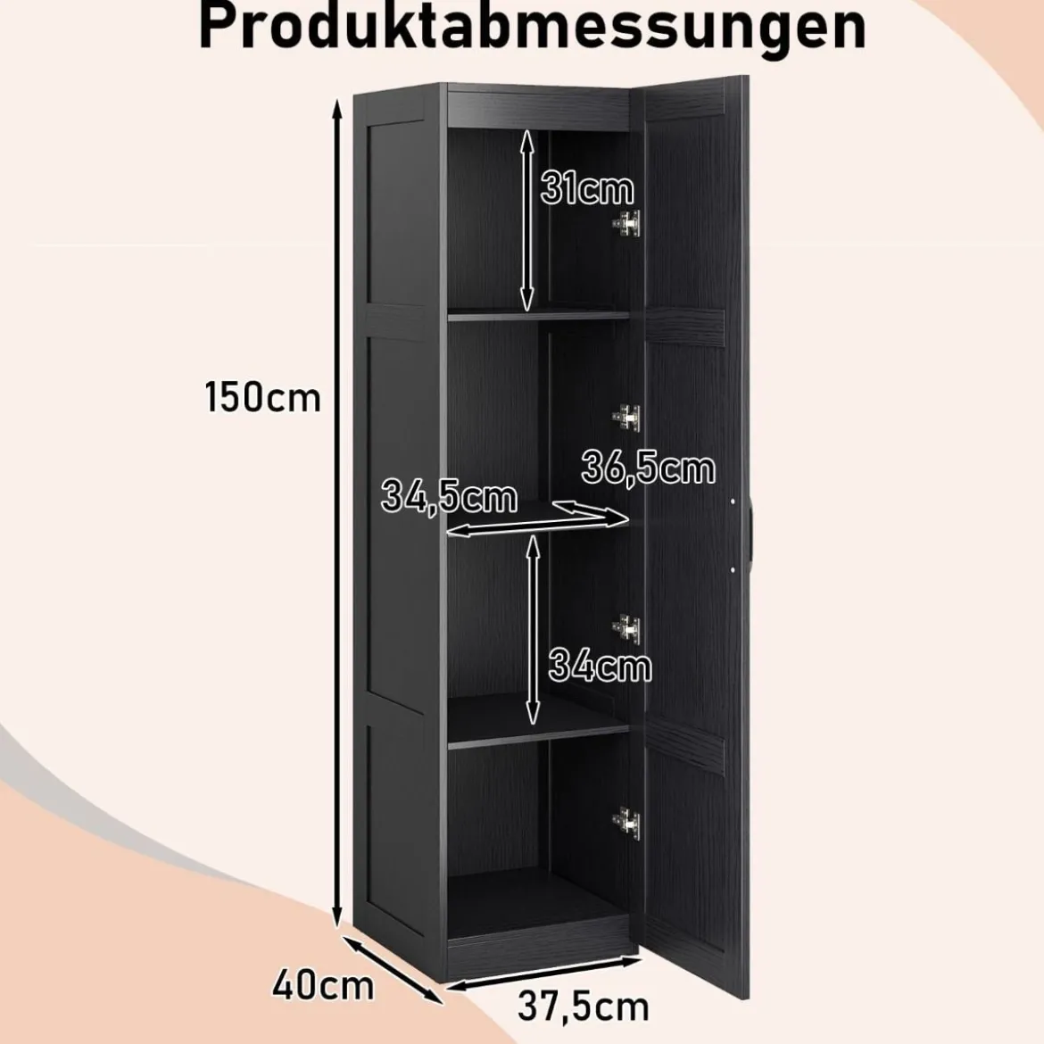 150 cm hohes Aufbewahrungsschrank freistehendes 4-stufiges Bodenschrank mit Tür Schwarz/Natur/Weiß