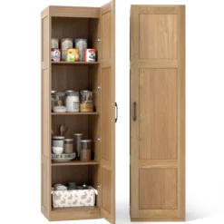 150 cm hohes Aufbewahrungsschrank freistehendes 4-stufiges Bodenschrank mit Tür Schwarz/Natur/Weiß