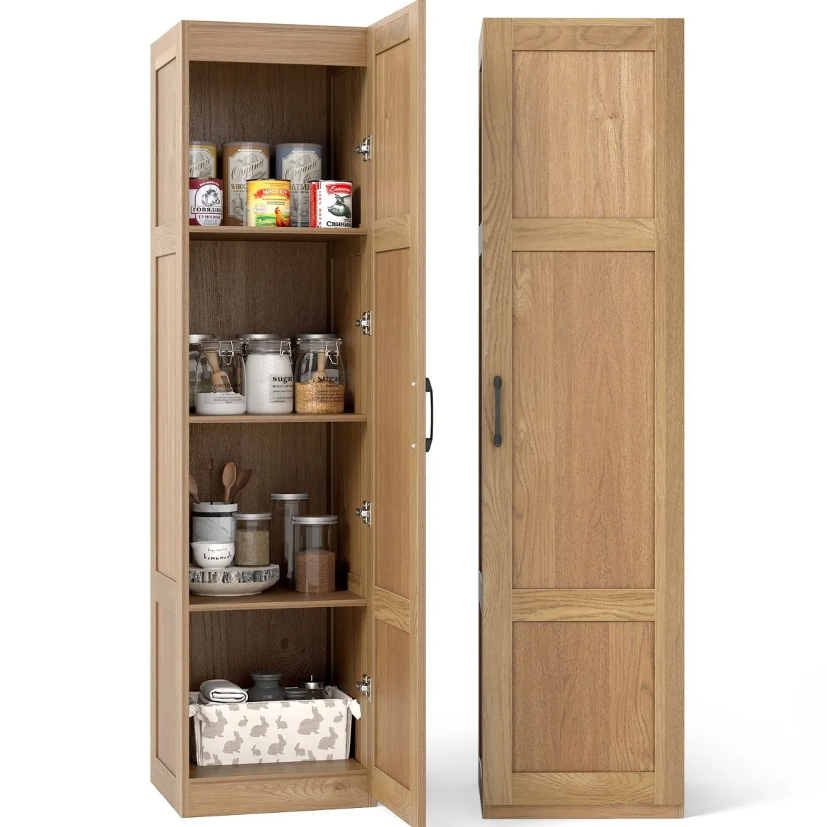150 cm hohes Aufbewahrungsschrank freistehendes 4-stufiges Bodenschrank mit Tür Schwarz/Natur/Weiß