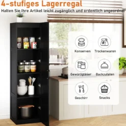 150 cm hohes Aufbewahrungsschrank freistehendes 4-stufiges Bodenschrank mit Tür Schwarz/Natur/Weiß