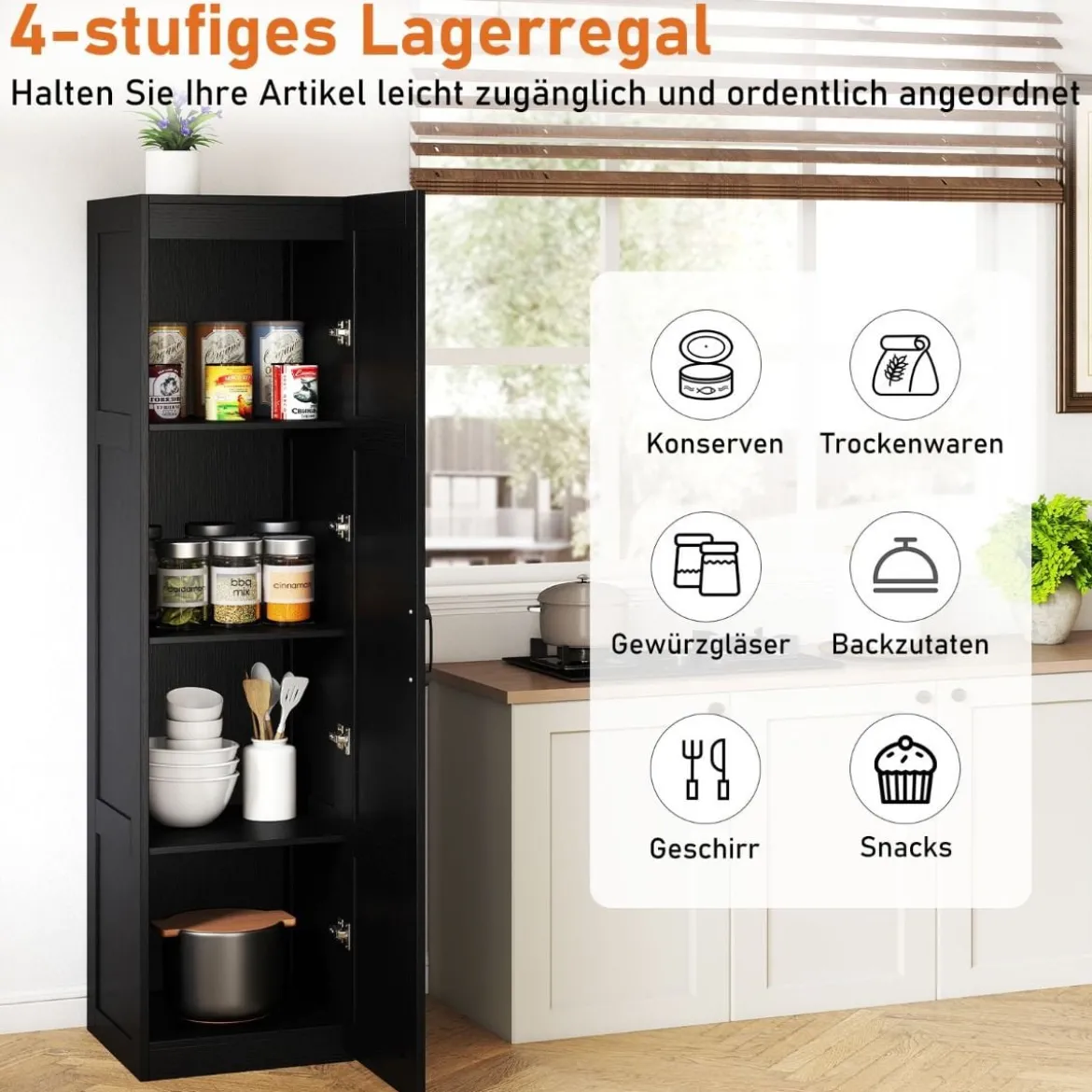 150 cm hohes Aufbewahrungsschrank freistehendes 4-stufiges Bodenschrank mit Tür Schwarz/Natur/Weiß