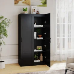 150 cm hohes Aufbewahrungsschrank freistehendes 4-stufiges Bodenschrank mit Tür Schwarz/Natur/Weiß