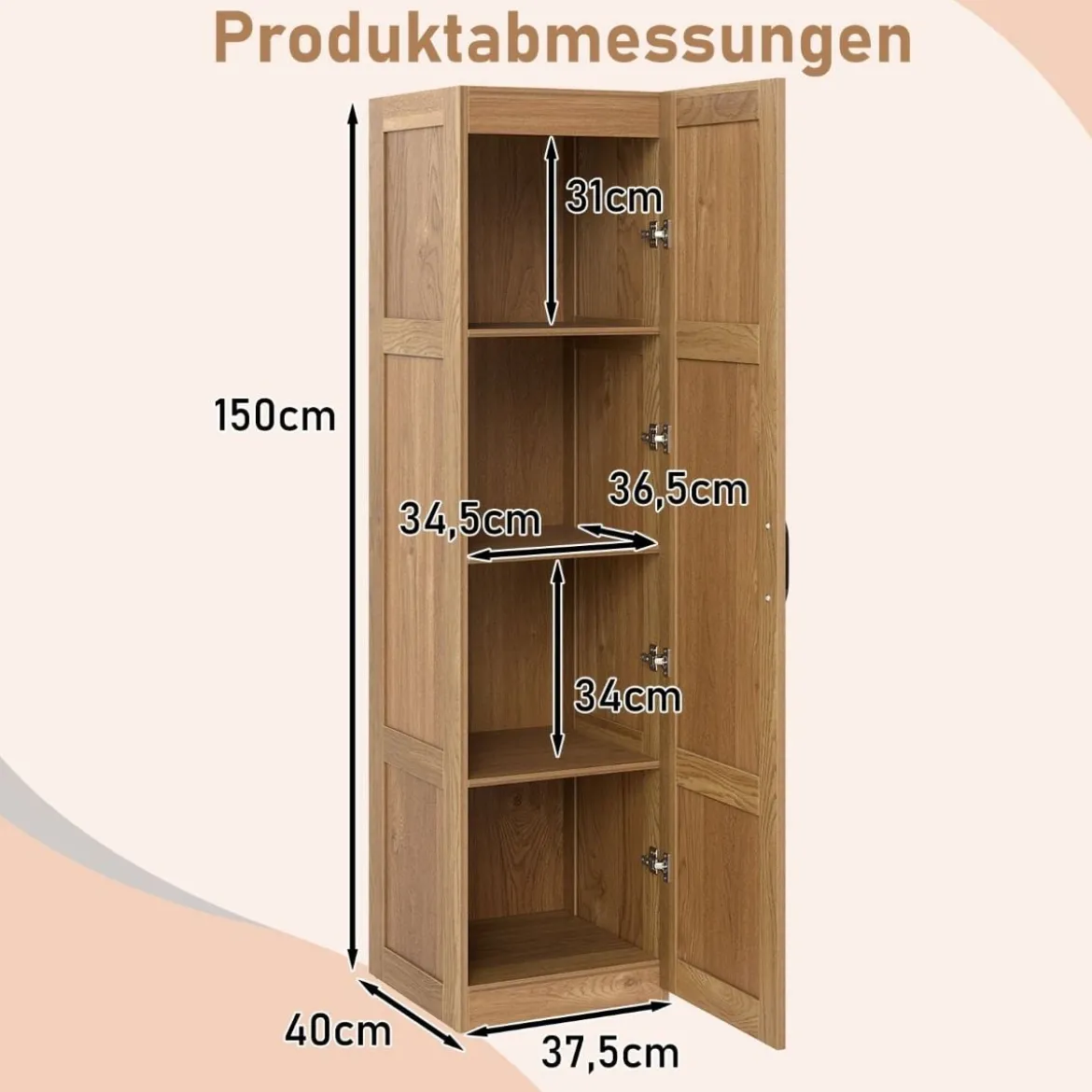 150 cm hohes Aufbewahrungsschrank freistehendes 4-stufiges Bodenschrank mit Tür Schwarz/Natur/Weiß
