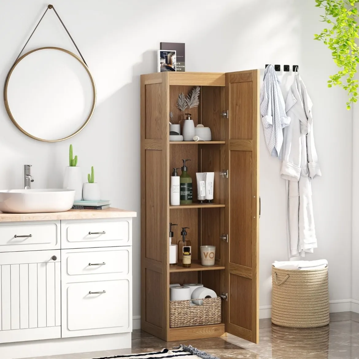 150 cm hohes Aufbewahrungsschrank freistehendes 4-stufiges Bodenschrank mit Tür Schwarz/Natur/Weiß