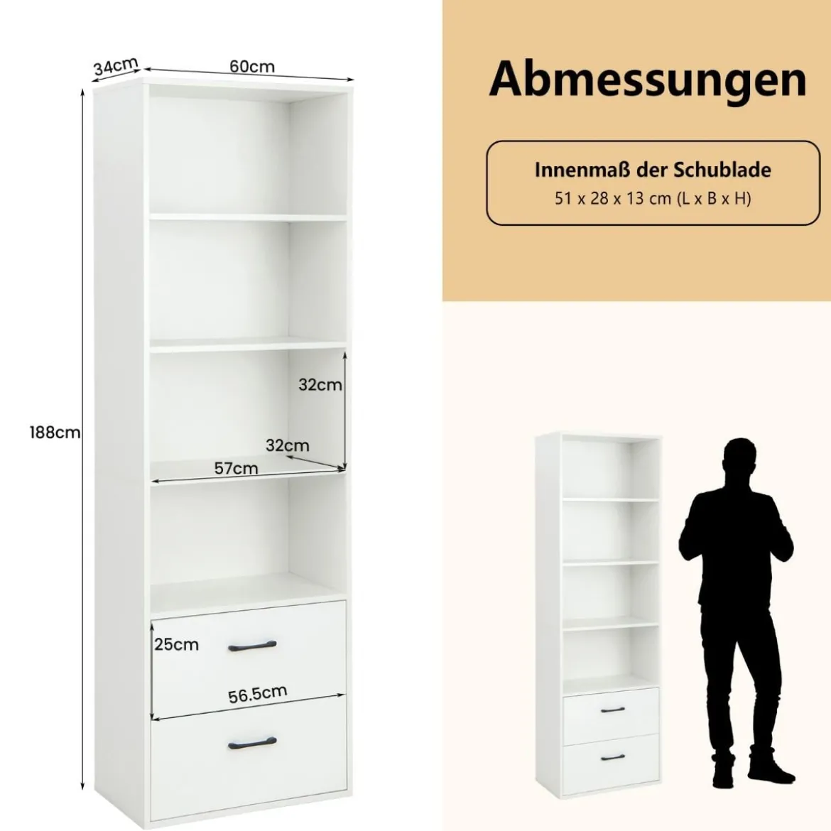 188 cm Hohes Bücherregal 6-Stöckiges Modernes Ablageregal Weiß