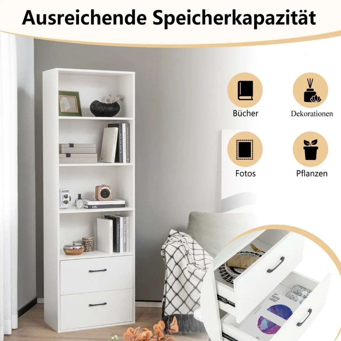 188 cm Hohes Bücherregal 6-Stöckiges Modernes Ablageregal Weiß